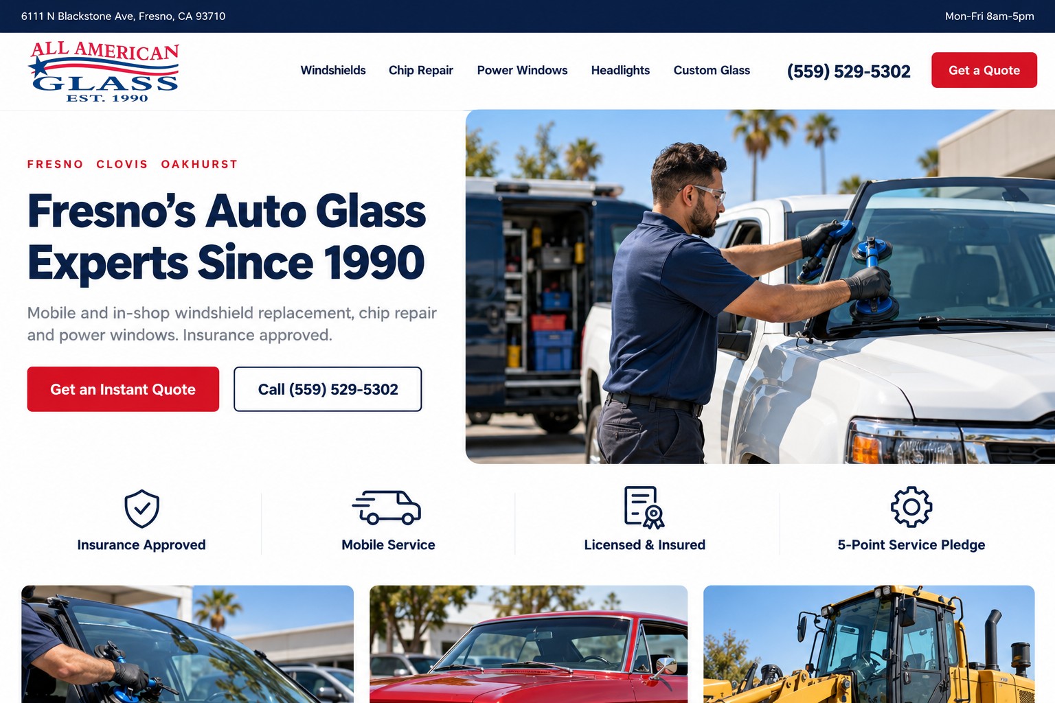 Homepage concept for All American Glass Fresno: auto glass experts since 1990, instant quote and call buttons